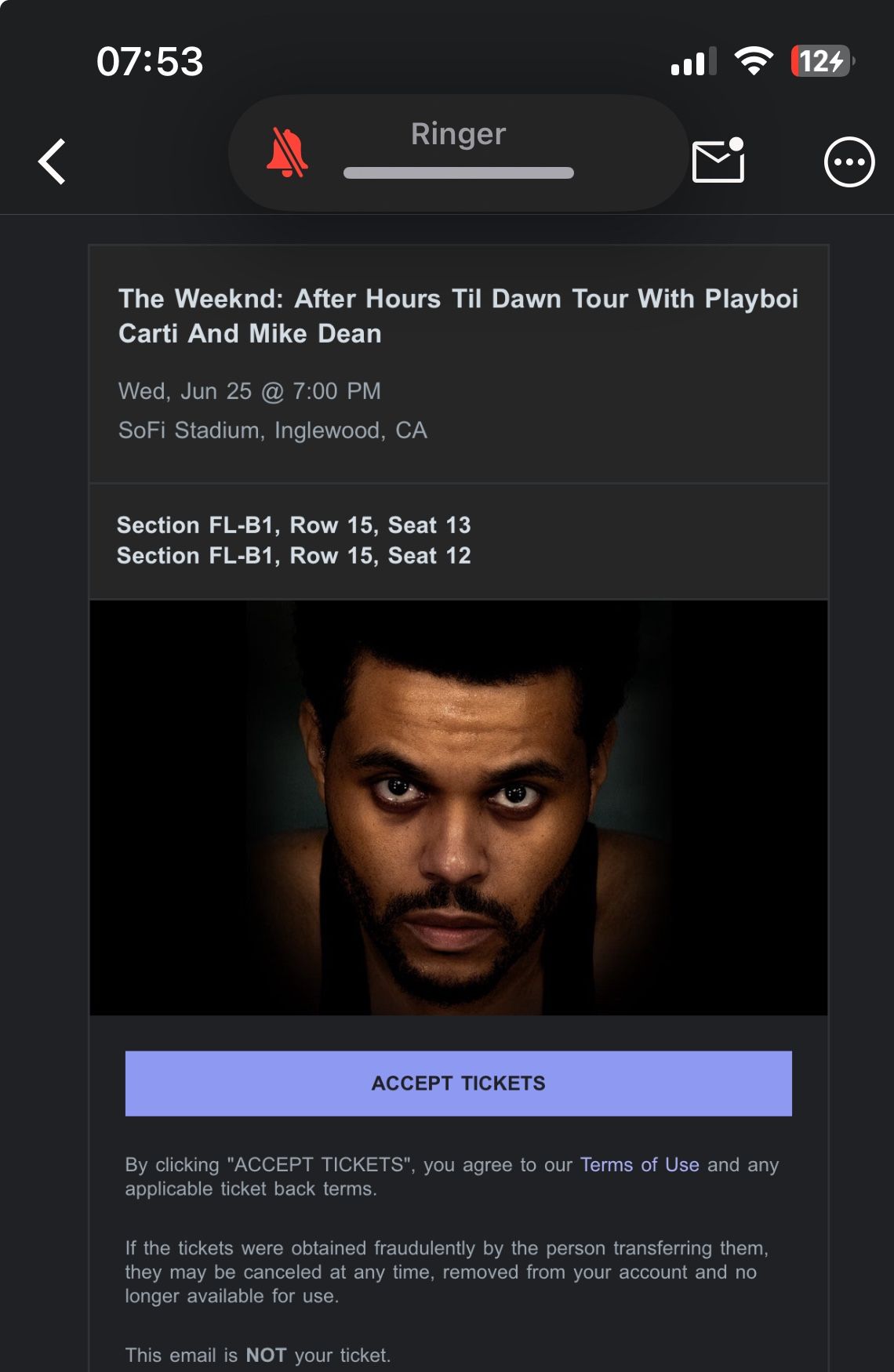 The Weeknd Tickets!!!! 400 Each. Section FL-B1, Row 15, Seat 13 Section FL-B1, Row 15, Seat 12