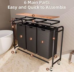 3-Section Laundry Hamper and Laundry Sorter with Pull-Out Organizer Bags, Rolling Laundry Basket with Wheels and Top Shelf, Large Capacity 3 x 12.7 Ga