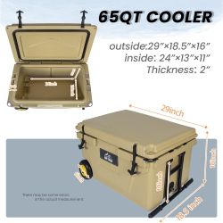 65 Quart Khaki Cooler, Ultra-Tough Hard Shell Ice Chest – Heavy-Duty Insulated Portable Cooler with 6-Day Ice Retention for Camping, Job Site, Tailgat