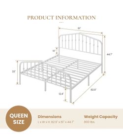 Queen Size Metal Platform Bed Frame with Victorian Style Wrought Iron-Art Headboard/Footboard, No Box Spring Required, White