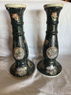 Vintage Pair of Royal Satsuma Style Hand-Painted Ceramic Candlestick Holders – Black Crackle Floral Design