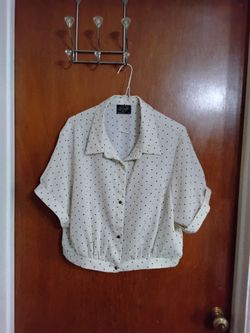 Polka Dot Cropped Button-Up Blouse. Large