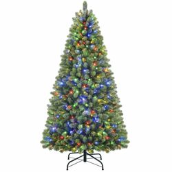 SHareconn 6ft Prelit Premium Artificial Hinged Christmas Tree With 330 Warm White & Multi-Color Lights, 1018 Branch Tips And Foldable Metal Stand, Per