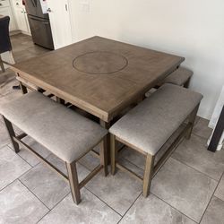 Hyland Square Wood Counter Height Table With Lazy Susan + Stool