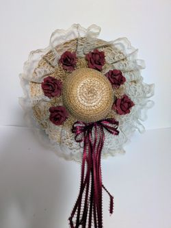 Hat Country Charm Maroon Roses Ribbons White Lace Home Decor