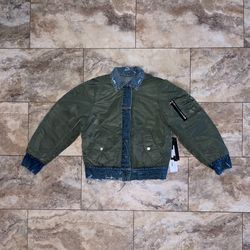 Amiri Reversible Denim Nylon Bomber Jacket Olive Green Distressed Size XS
