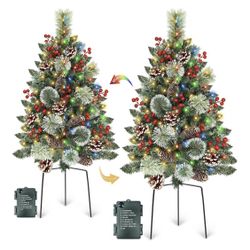 Shock Price Outdoor Christmas Tree 2 Pack 33" Christmas Urn Filler with 50 Warm&Colorful Lights, Artificial Xmas Tree 8 Modes Timer,Mixed Tips Pinecon