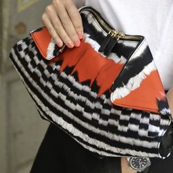 Alexander McQueen De Manta feather print clutch bag in black white bright red