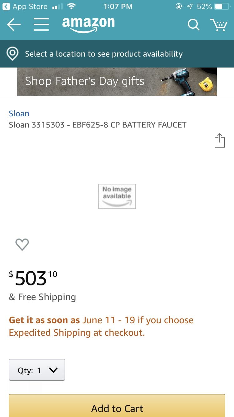 Sloan 3315303 EBF625 8 CP BATTERY FAUCET Material handling