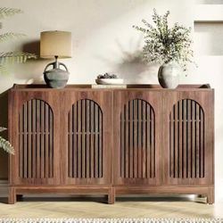 JW0983 57-Inch Sideboard Cabinet with Adjustable Shelf, Vintage Brown Wooden Buffet with Fence Doors, 2-Tier Large Accent Table for Living Room, Kitch