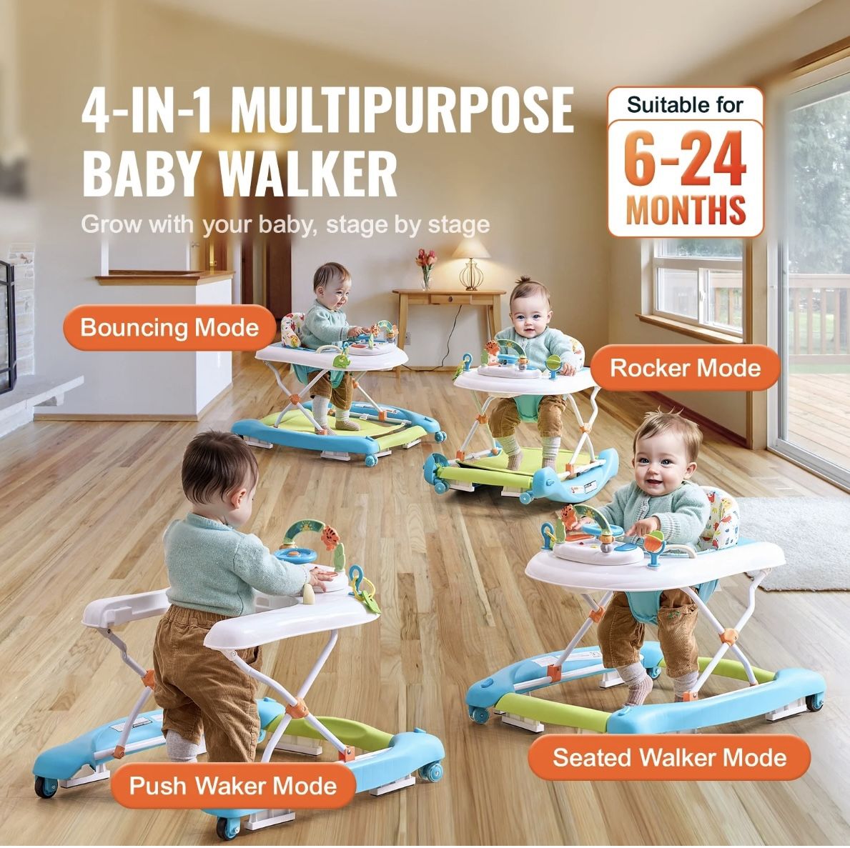 Baby Walker 4 in 1, Foldable Height Adjustable Baby Walker with Wheels, Infant Toddler Walker with Foot Pads, Anti-Fall Baby Walker With Music 