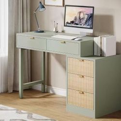 RY0177 Computer Desk with 5 Drawers, Reversible Small Writing Desk with Storage, Modern Wooden Study Table Office Workstation for Home Office, Small S