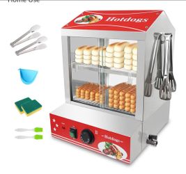 Hot Dog Steamer with Bun Warmer - Electric Steaming Machine 2-Tier Capacity for 175 Hot Dogs & 40 Buns, Visible Glass Slide Doors for Commercial