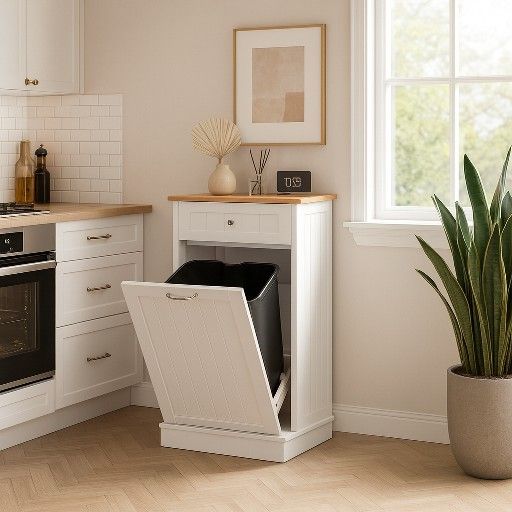 Out Trash Cabinet Freestanding Kitchen Hidden Trash Bin Cabinet with Hideaway Drawer Pet Proof Trash Can Holder for Kitchen Living Room, White