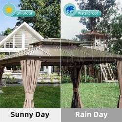 10'x12' Hardtop Gazebo, Permanent Outdoor Gazebo with Polycarbonate Double Roof, Aluminum Gazebo Pavilion with Curtain and Net for Garden, Patio, Lawn
