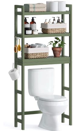 3-Tier Bamboo Over The Toilet Storage, Adjustable Shelf, 66.9''H Bathroom Organizer, Fit Most Toilets, Space-Saving, Forest Green, 10.2 x 24.8 x 66.9 