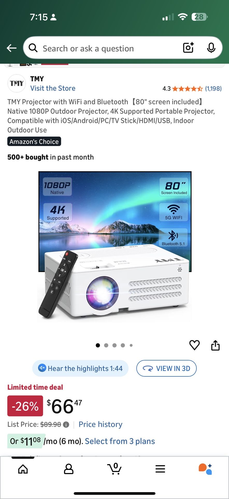 TMY Projector with WiFi and Bluetooth【80" screen included】Native 1080P Outdoor Projector, 4K Supported Portable Projector, Compatible with iOS/Android