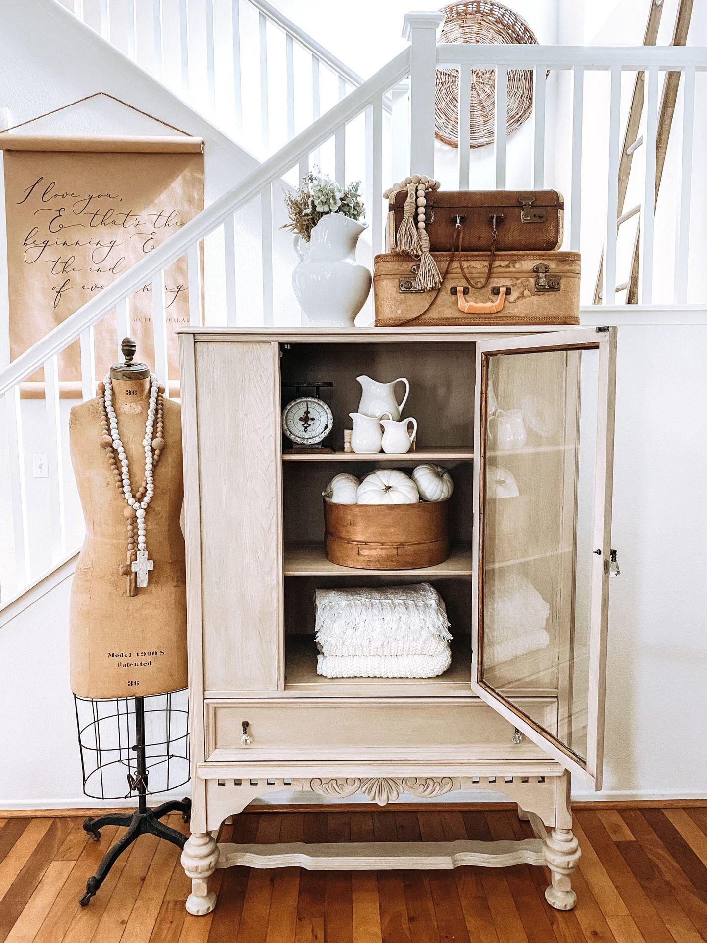 Antique China Hutch Cabinet Farmhouse Decor Shabby Chic Cottage Style Rustic Bare Wood FIRM PRICE