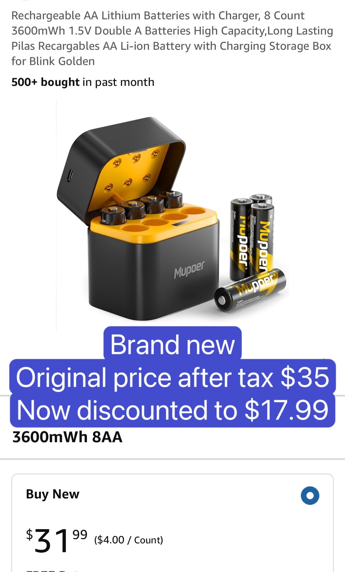 Rechargeable AA Lithium Batteries with Charger, 8 Count 3600mWh 1.5V Double A Batteries High Capacity,Long Lasting Pilas Recargables AA Li-ion Battery