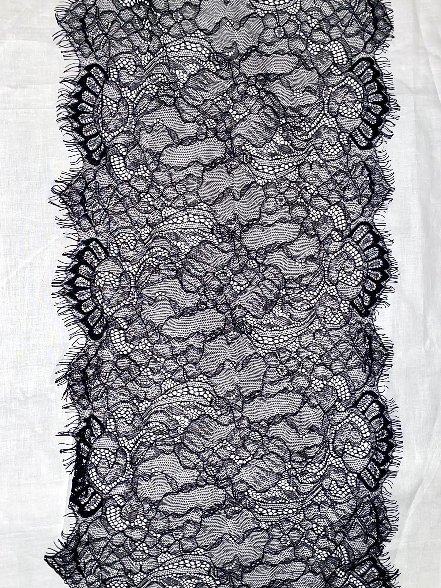 12” Black Chantilly Lace Double Scallop Eyelash Fringe Trim, $10 yd, 1YD Min Order, 5 Avail