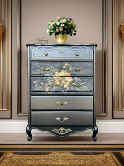Black French Floral Tall Chest Of Drawers Glam Gold Dresser 
