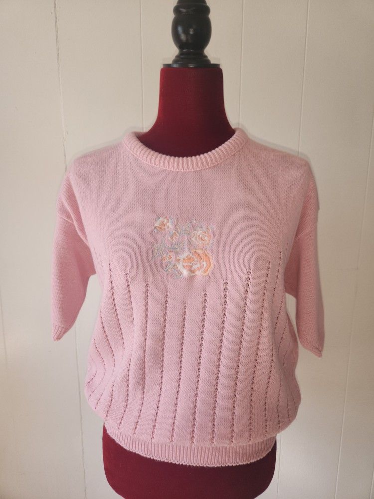 Vintage Pink Short Sleave Sweater Floral Size Medium