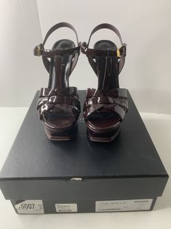 Saint Laurent YSL tribute Patent Amarante Leather Sandal Heels Size 37.5 / 7.5