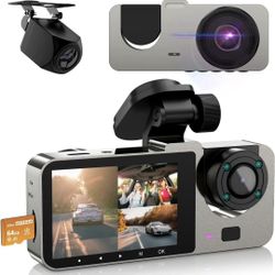 3 Channel Dash Cam Front and Rear Inside, 64GB Free SD Card, 1080P Dash Camera for Car with 4 IR Lamps, Three Way Car Cam Night Vision, 2.5 Inch LCD