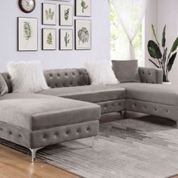 Brand New Plush Grey Velvet Sectional Sofa (Pillows Included)(Ottoman Sold Separately)