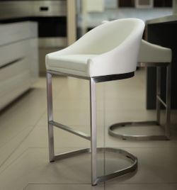 4 piece - Brushed Stainless Steel Leather Counter Stools – White, 26" Seat Height