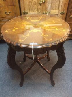 Hand-Carved Circular Inlay Entry Table w/ Glass Top