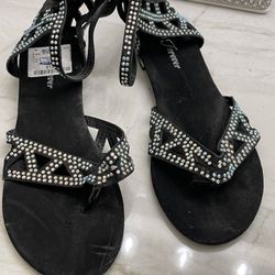 Black With Sparkly Rhinestones, Gladiator, Flat Sandals