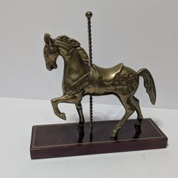 Vintage Brass Carousel Horse Figurine on Wood Base – 8.5" Tall Ornamental Decor

