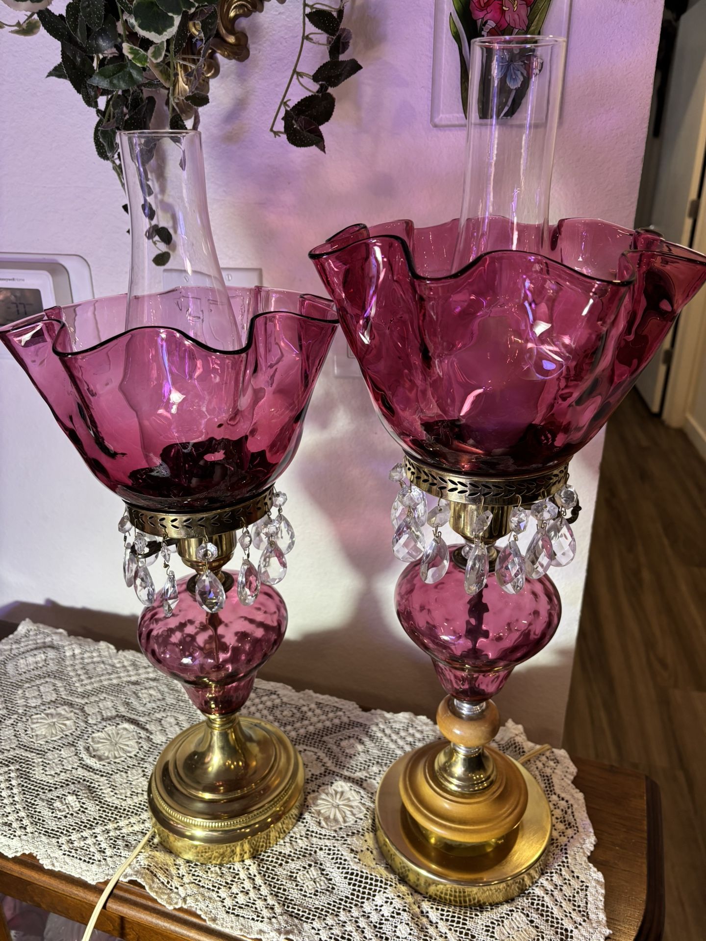 Pair Of Cranberry Glass Vintage Lamps