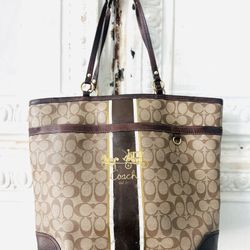 Vintage Coach Authentic Signature Heritage Large Brown Coated Canvas Shoulder Tote Bag