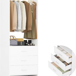 1.8FT Closet System with Drawers, 21.5’’ Closet Organizer, White Walk-in Closet or Small Closets Wardrobe, Clothes Rack with Hanging Rods
