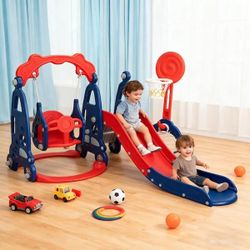 Kids Slide and Swing Set 5 in 1 Indoor Outdoor Playground Toddler Playset with Basketball Hoop, NEW 
