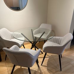 George Oliver Pedestal Dining Table & Elevens Boston Beige Upholstered Chairs