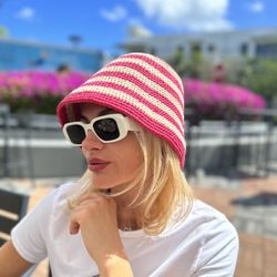 Handmade Raffia Straw Hat – Pink & Beige Stripes 🌸🤍