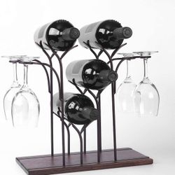 Wine Rack,Freestanding Countertop Wine Rack,Tabletop Wood Wine Holder,Hold 4 Bottles and 4 Glasses,for Kitchen Home Bar Storage and Kitchen Decor,Bron