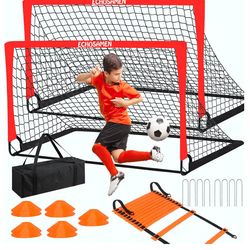 Kids Soccer Goals for Backyard, 2 of 6 x 4 ft Kids Soccer Goal Set Soccer Net with 10 Soccer Cones, Agility Ladder & Carry Bag, Portable Soccer Traini