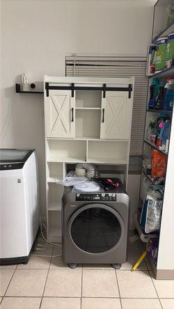 White Farmhouse Over-Washer Storage Cabinet