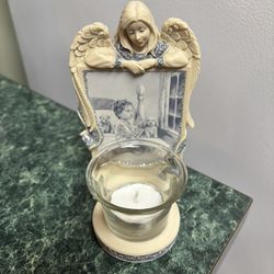 Angel Watching Over Praying Boy Dog Teddy Bear Glass Votive Tea Light Candle