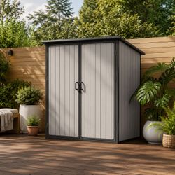 5 ft.  x 3 ft.   All-Weather Outdoor Plastic / Resin Storage Shed w/ Lockable Doors & Floor[Beige] [NEW IN BOX] Retails For $380 **Assembly Required**