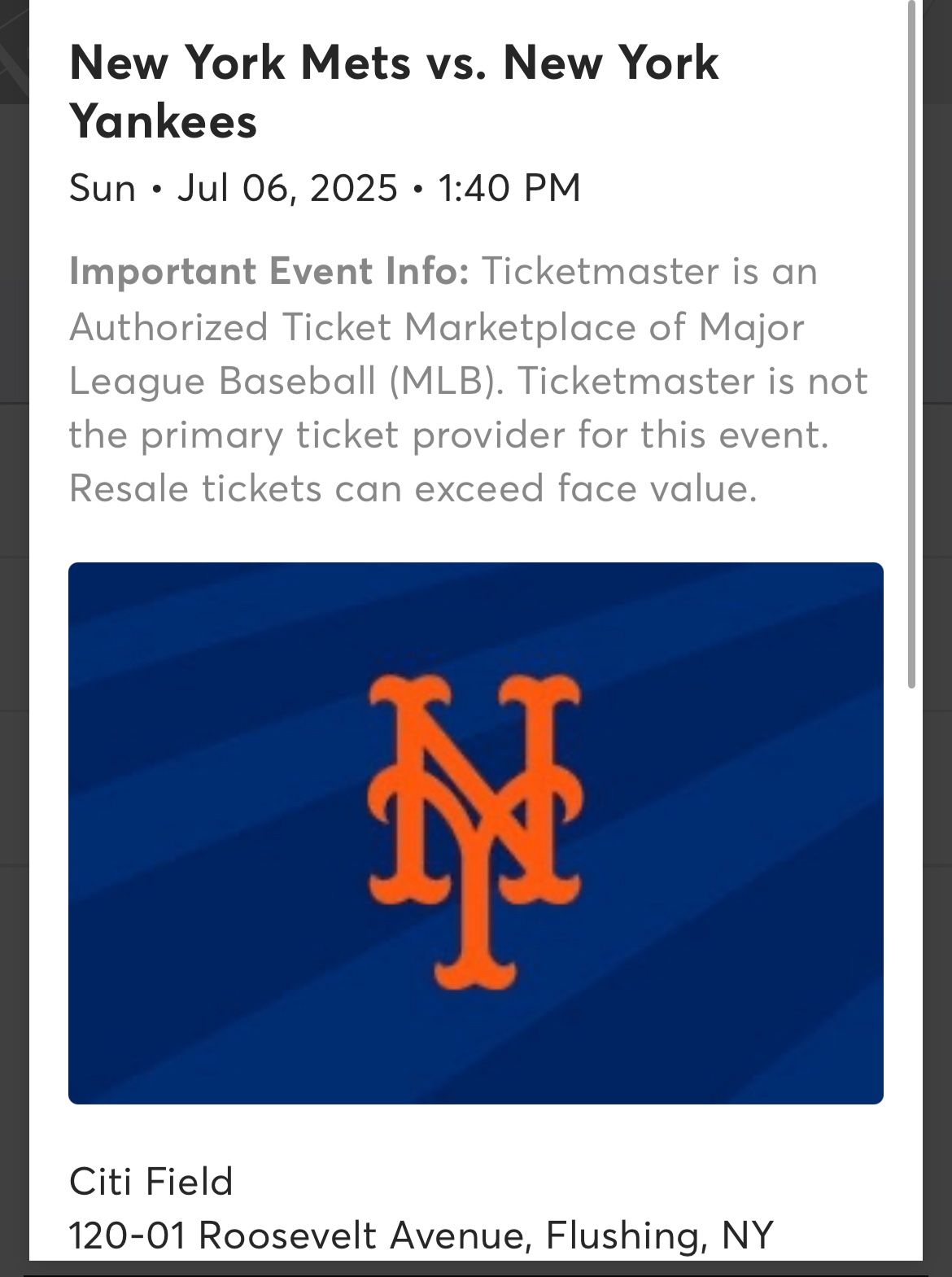 Yankees @ Mets Sunday 7/6