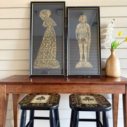 (Curated Set) Moody Vintage Barstools by Anne Campbell + Framed Gold Etched Art