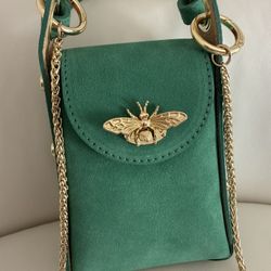 Persaman Made in Italy Green Leather Bee Crossbody Phone Bag
