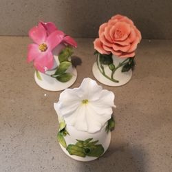 Vintage 1983 Bone China Bells: 'White Cascade Petunia'; 'The Flowering Dogwood'; 'The Sonia Rose'
