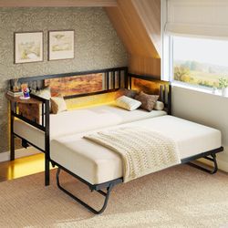 Daybed with Trundle, LED Lights and Charging Station, White