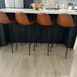 Set of 4 Modern Counter-Height Bar Stools – Cognac Faux Leather, Black Metal Frame